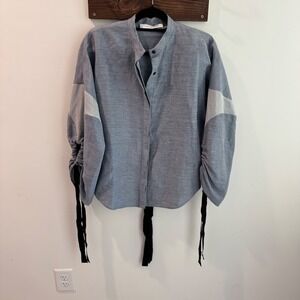 Kimora Lee Simmons Blue Silk Linen Blend Open Back Tie Cinched Sleeve Top Small‎